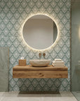 Verdant Damask elegant green damask wallpaper creating ambiance in a serene bathroom