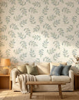 Textured scattered green leaf botanical sprig peel and stick wallpaper - Verdant Scatter