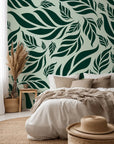 Rich, dark green botanical wall mural with a tight, dense tropical leaf design, style Verdant Cascade
