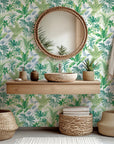 Removable botanical wallpaper featuring watercolor green and white leaf patterns