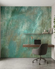 Verdigris elegant teal patina abstract wallpaper in a warm and inviting living room