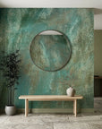 Verdigris elegant teal patina abstract wallpaper as a feature wall in a bright home office