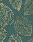 Matte peel and stick wallpaper with gold line art leaves - Verdigris Leaf