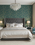 Verdigris Leaf elegant gold and teal leaf wallpaper adding character to a cozy bedroom