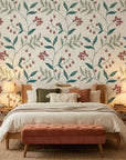 Vermillion Stem teal and red botanical wallpaper adding character to a cozy bedroom