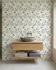 Vermillion Stem teal and red botanical wallpaper creating ambiance in a serene bathroom