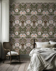 Vintage botanical floral wallpaper design (Victorian Bloom) on a wall, presented as a continuous custom print