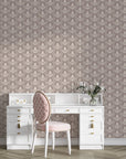 Taupe and cream Victorian Vineage damask wallpaper behind elegant white vanity desk with blush pink chair