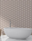 Taupe and cream Victorian Vineage damask wallpaper behind freestanding bathtub in modern bathroom