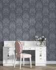 Charcoal and silver Vintage Eden damask wallpaper in elegant vanity room setting with white furniture