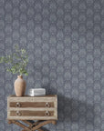 Charcoal and silver Vintage Eden damask peel and stick wallpaper in elegant bedroom setting