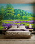 Violet Drift lavender field landscape wallpaper in a warm and inviting living room