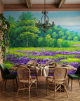 Violet Drift lavender field landscape wallpaper adding character to a cozy bedroom