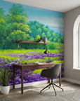 Violet Drift lavender field landscape wallpaper as a feature wall in a bright home office