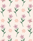 Purple flowers and pink butterflies adorn this gentle, cream-colored wall paper