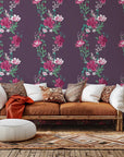 Violet Waltz self-adhesive wall covering, decorated with magenta flowering vines on a purple background