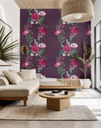 The Violet Waltz self-adhesive wall covering, showing a magenta floral vine design on a purple background.