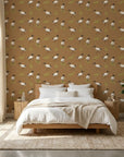Wading Ibis dramatic rust tropical bird wallpaper adding character to a cozy bedroom