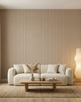 Warm Ticking cozy tan ticking stripe wallpaper in a warm and inviting living room