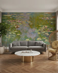 Impressionist Water Lily Garden mural wallpaper with pink flowers and green lily pads on living room wall