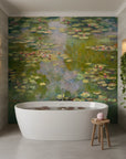 Water Lily Garden removable wallpaper featuring impressionist pond scene behind modern freestanding bathtub
