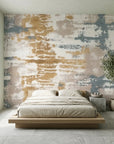 Weathered Gold distressed abstract brushstroke wallpaper in a warm and inviting living room