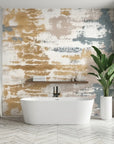 Weathered Gold distressed abstract brushstroke wallpaper as a feature wall in a bright home office