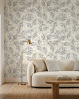 Weathered Grove neutral botanical peel and stick wallpaper in a warm and inviting living room