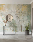 Weathered Plaster sage green abstract as a feature wall in a bright home office