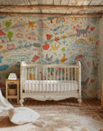 White wallpaper design consisting of a vibrant mess of childlike crayon markings.