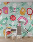 Multicolored hand-drawn crayon sketches on a white background, peel and stick nursery wallpaper pattern. - Whimsy Meadow