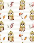 Whimsical owl and woodland illustration wallpaper featuring soft stripes mushrooms leaves and cozy forest animals