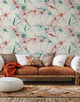 Watercolor botanical wallpaper in gentle pastel pink and green tones, called Whispered Bloom