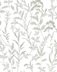 Removable peel-and-stick wallpaper featuring a monochrome grey and white silhouette of wildflowers