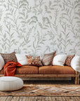 Self-adhesive wallpaper featuring a gray and white silhouette of wildflowers, from the Whispered Meadows collection