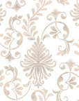Classic beige damask scrollwork on Whispering Florals peel and stick wallpaper with ornate botanical medallions