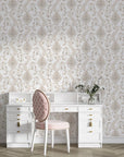 Whispering Florals damask wallpaper in beige and taupe tones on elegant home office accent wall