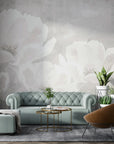 White Flowers wallpaper with soft grey peonies creating elegant botanical mural in modern living room