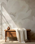 Cream and taupe White Flowers peel and stick wallpaper with oversized floral bloom in sunlit room
