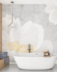 White and gray watercolor peony wallpaper with soft yellow accents in modern spa bathroom