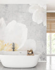Soft gray and white White Peonies watercolor floral wallpaper in modern spa bathroom with natural wood accents
