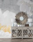 Gray and white watercolor White Peonies wallpaper with golden yellow center accent in elegant living room setting