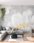 White Peonies floral mural wallpaper with oversized blooms in modern living room setting