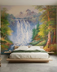 White Rush mountain waterfall landscape wallpaper in a warm and inviting living room