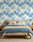 Wide Open Sky blue floral peel and stick wallpaper in a warm and inviting living room