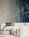 Ombré teal to beige Willow Branches wallpaper with delicate botanical motifs in modern living room