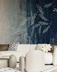 Ombre blue and cream Willow Branches wallpaper with botanical fern motifs in modern living room