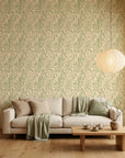 Willow Trace serene green leaf vine wallpaper in a warm and inviting living room