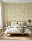 Willow Trace serene green leaf vine wallpaper adding character to a cozy bedroom