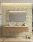 Willow Trace serene green leaf vine wallpaper creating ambiance in a serene bathroom